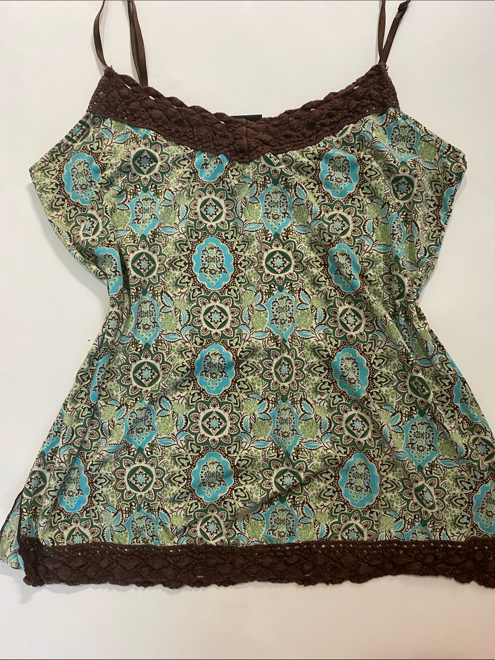 Women's Green & Aqua Printed Camisole with Brown Trim